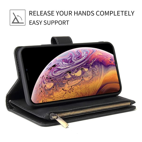 Wallet Case for iPhone 11, Zipper Wallet, Stand, Card Slots with Wrist Strap, Shockproof TPU Flip Case for iPhone 11 - Black