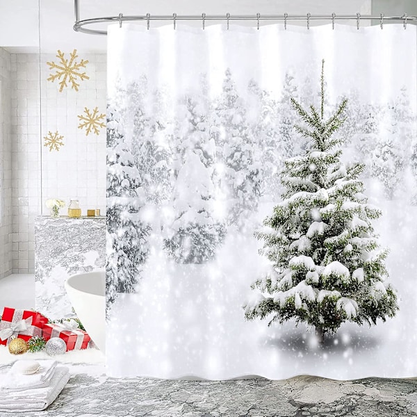 Julebruseforhængssæt, velegnet til vinterlig skovsne sjov festival badeværelsesdekoration, julegrantræ naturlig scene boligindretning, 72×72