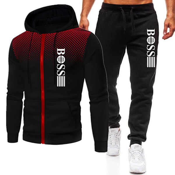 Autumn and winter men's training set, sportswear, hoodie, jacket, sweatshirt, jogging pants black-black Black-Black