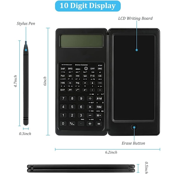 Vitenskapelig kalkulator (Svart) Ultratynn med slettbart skrivebrett, Matte/Geometri Fysikk Kalkulator/10-sifret LCD-kalkulator