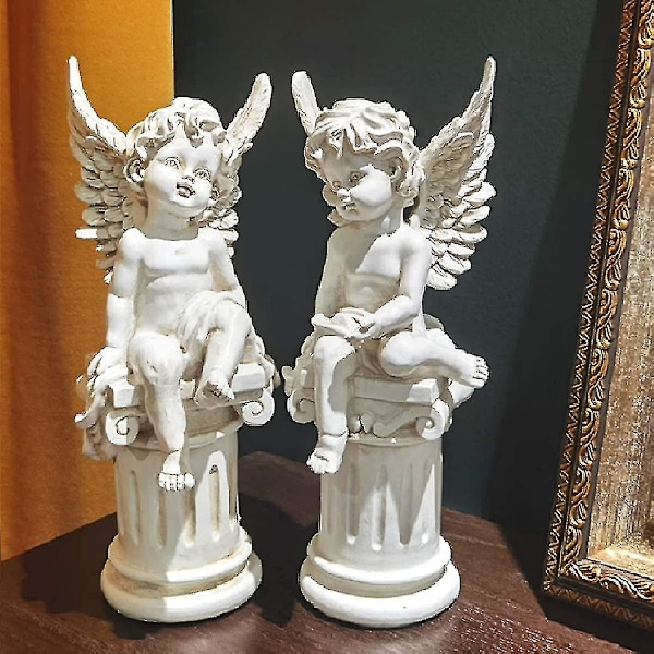 Sæt med 2 englefigurer på romersk søjle havestatue græsk søjle englefigur skulptur indendørs udendørs boligindretning antik harpiks 25 cm
