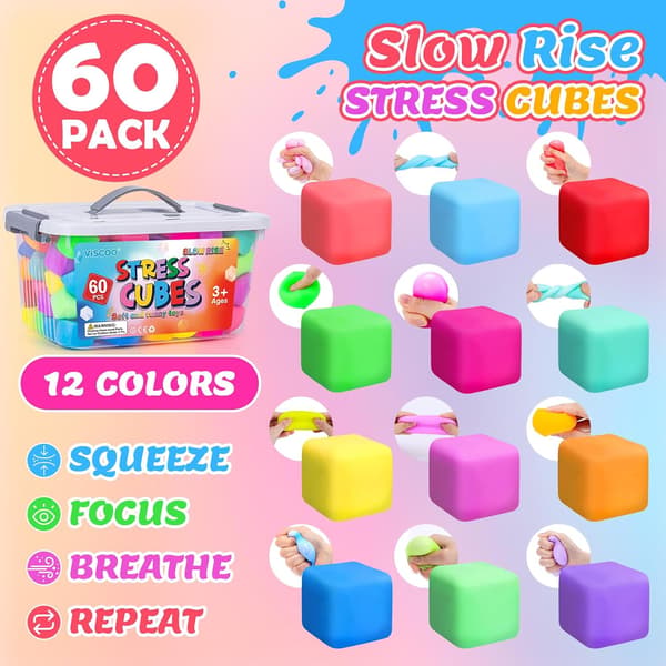 VISCOO 60-pack långsamt stigande stresskuber, mjuka kläm- och stretchleksaker i bulk för ångestlindring, priser för klassrumsfester 1.4 In Slow Rising Cube-60 PACKS