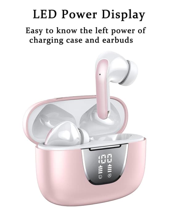 Trådløse ørepropper Bluetooth 5.3 med LED-strømdisplay Universal Passform Rosa Støyreduserende Ørepropper for Sport Gym Løping