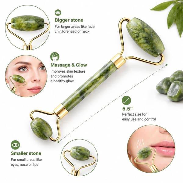Grön Jade Roller och Gua Sha-set - 5 delar naturlig jade-ansiktsroller för ansiktsmassage och lymfdränage