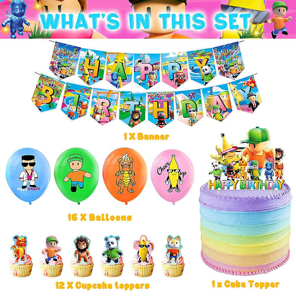Stumble Guys Födelsedagsfest Dekorationer Kit Grattis på födelsedagen Banner, Ballonger, Tårtdekorationer Barnkalas Dekorationer{hh]