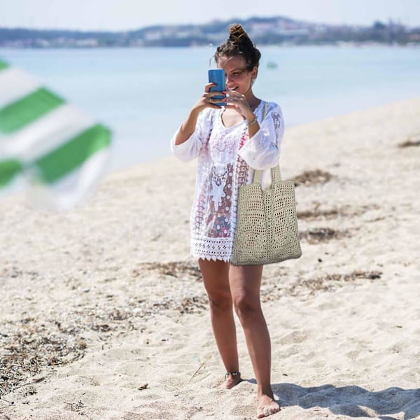 Virkat bohemisk axelväska tote handväska shoppingväska reseväska för dam, 1 st - beige
