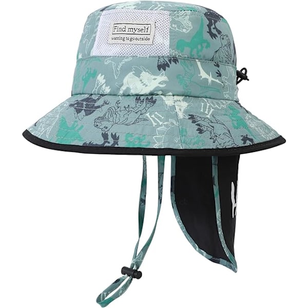 Solhatt Barn Sommar Bucket Hatt Bredbrättad Strandhatt med Hakband UPF50 Dinosaurie Keps för Barn 2-10 År