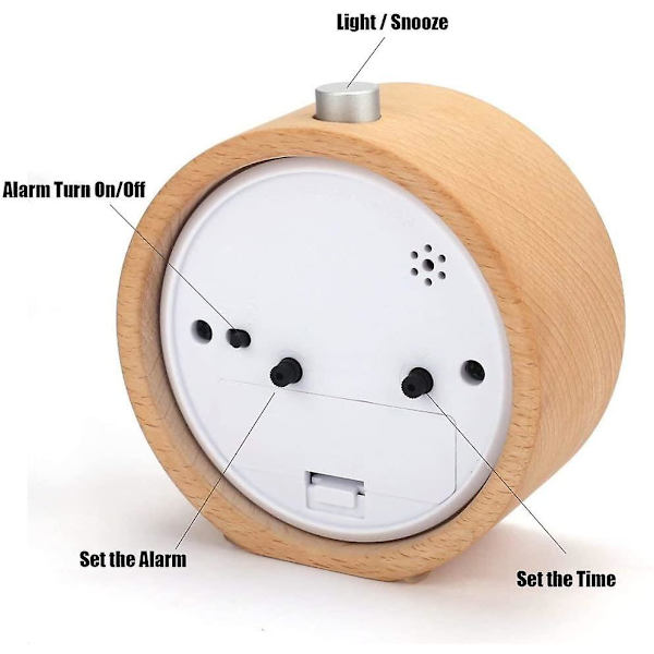 Wekity Analog Väckarklocka i Trä, Retro Rund Bordsklocka, Tyst Snooze Väckarklocka med Nattlampa