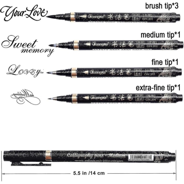 Kalligrafi-pennor - 6 st kalligrafi- set för nybörjare Påfyllningsbara svarta penselpennor, handbokstäver för att skriva, signatur, Illustration, Des