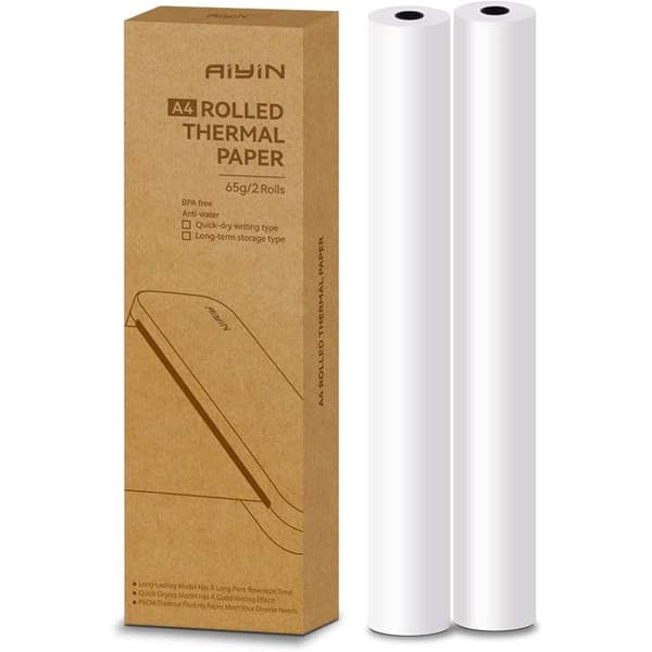 A4 Quick-Drying Thermal Paper 2 Rolls Reverse Wound 6.4m/Roll - US Letter Size, Compatible with Various Thermal Printers L