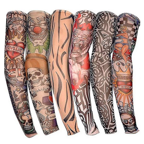 6 st Coola tatueringsärmar Armstrumpor, falsk tillfällig tatuering, stretchigt cover för man kvinna mode