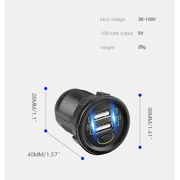 36v 48v 60v 72v 100v dobbelt USB-strømstik med tænd/sluk-knap (DPD)