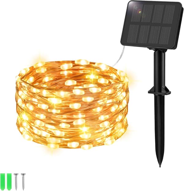 Solar String Lights Outdoor Garden, 5M50LED Solar Powered String Lights Waterproof, 8 Modes Copper Wire Solar Lamps Warm White