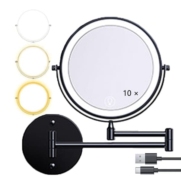 Wall-mounted makeup mirror with lighting - 8 inch, 3x/10x magnification, dimmable with 3 light modes, 360° rotatable double-sided mirror Black Black 10X
