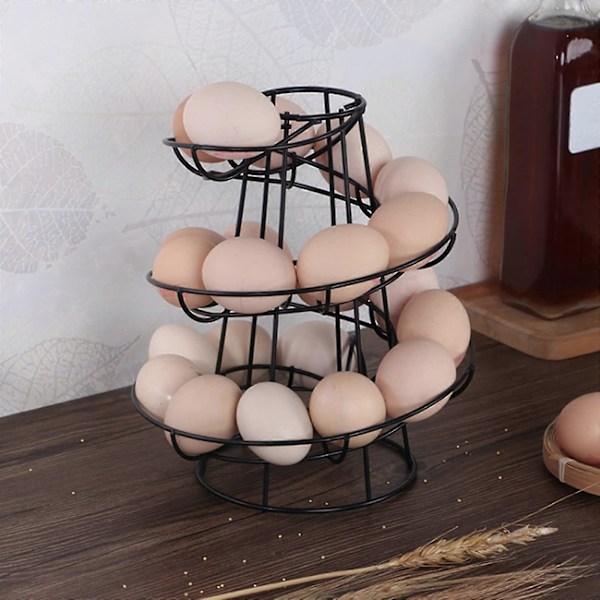 Eggdispenser Stativ Spiraldesign Metall Egghyller Frittstående Tråd Kylling Egg Oppbevaring Organizer Display Holder Svart