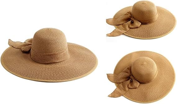 Kvinders stråhat med bred skygge (lysebrun), foldbar og rullehat, strandhat, UPF 50+.