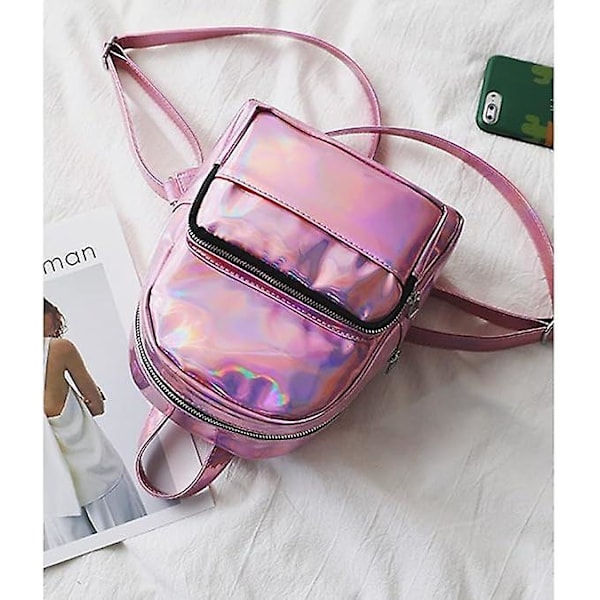 Holografisk Laser Läder Ryggsäck för Flickor Rosa Silver Mini Ryggsäck för Kvinnor