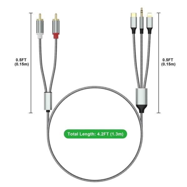 Lightning til RCA-kabel Audio Aux-adapter, RCA til 3,5 mm-kabel, USB C til 2 RCA-lydkabel, 3 i 1 lydkabel til bil, højttalere og mere 1,3 m