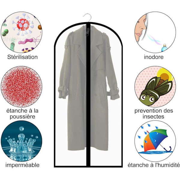 Pcs glidelås klesdeksel støvtett møllsikkert vaskbart gjennomsiktig klesdeksel for lang kjole/skjortedrakter/frakker 60 x 140 cm - Svart