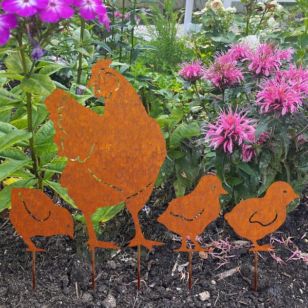 Rustne kyllinger havepynt, naturlig rustpatina, havepynt R