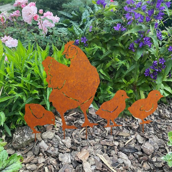 Rustne kyllinger havepynt, naturlig rustpatina, havepynt R