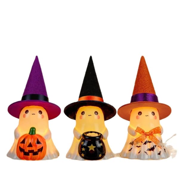 Lysende Halloween Spøgelse Harpiks Statue, Stående Havepynt med Hat til Veranda og Have, 3 Farver