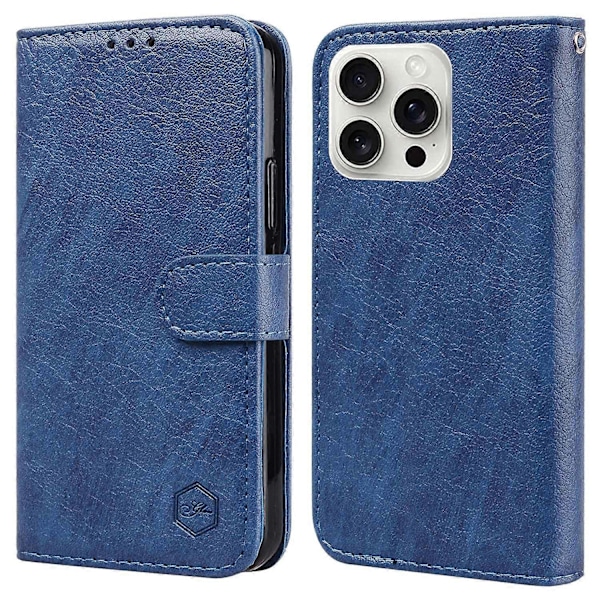 iPhone 16 Pro -kotelo, yksivärinen nahkainen taitettava jalustallinen lompakkokotelo - Musta Moniväri{ee} Multicolor Dark Blue
