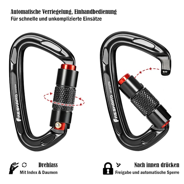 Klatrekarabin, automatisk låsende karabiner, 25kN-2550kg, stor 10cm, sort og grå