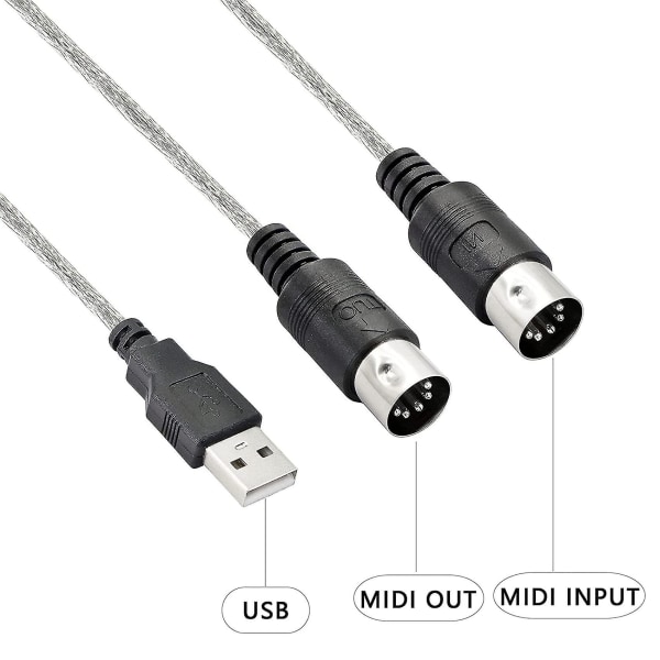 Usb Midi-kabeladapter, Usb Typ A Hane till Midi Din 5-stifts In-out-kabelgränssnitt med LED-indikator