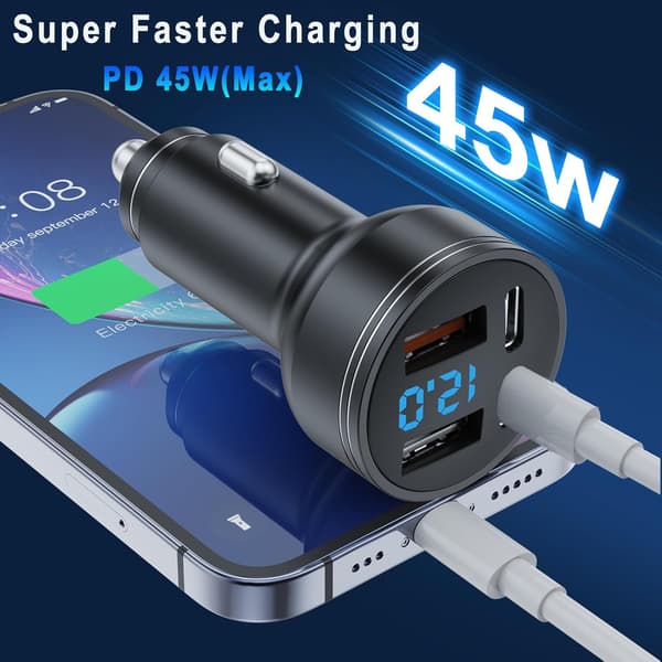 126W Biloplader USB C PD QC3.0 Hurtig Opladningsadapter med LED Voltmeter til iOS Android Tablets Telefoner