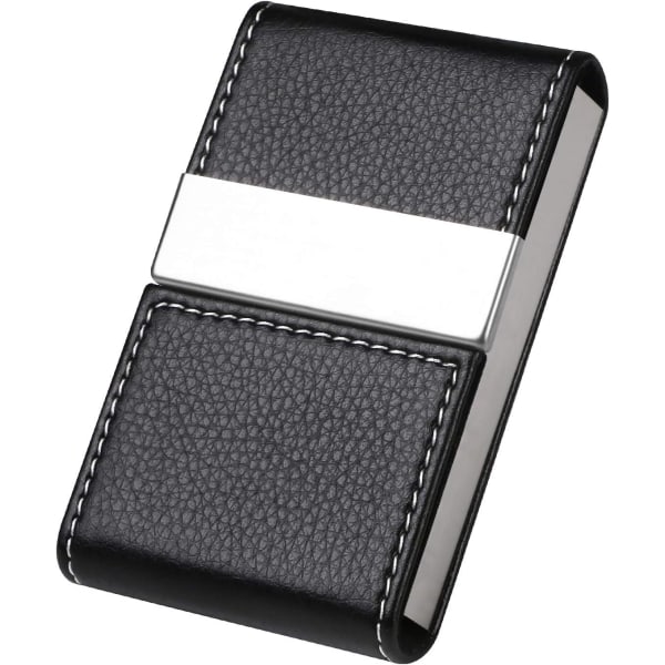 Business Card Holder | PU Leather Credit Card Holder Slim Stainless Steel ID Case for Men/Women | Double Open Magnetic Buckle (Black)