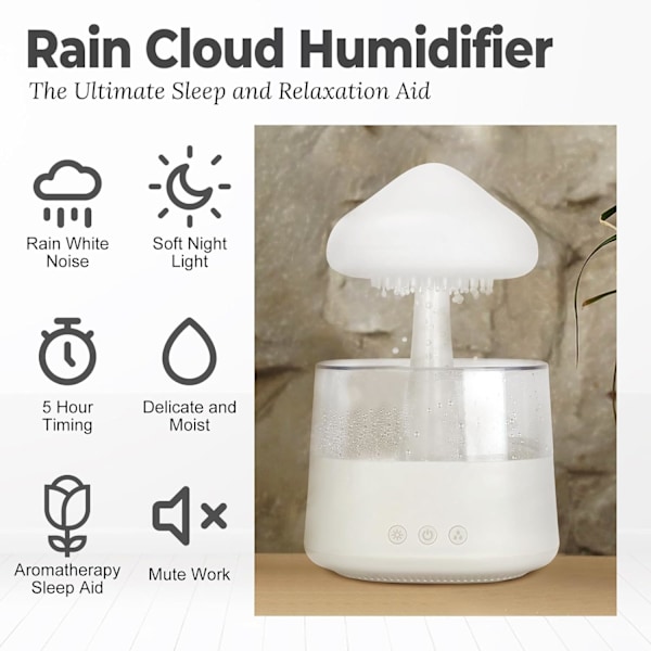 Regn Sky Humidifier Vanddråbe med Justerbare LED Lys Hvid Støj Luftfugtighed Desktop Springvand