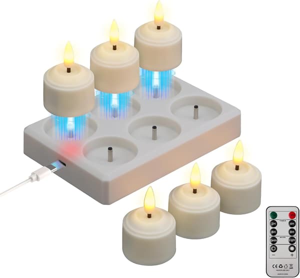 A Set of 6 Rechargeable LED Candles with Flickering Effects – Electronic Candles with Timer and Charging Station