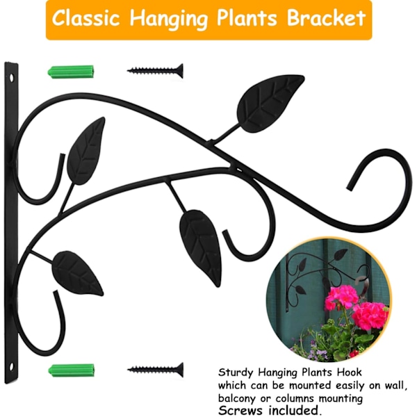 2 stk. vægmonterede plantekroge med skruer, plantekrogsholder, lanterner, fuglefoder, metalhavekurv til altanhavedekoration (4 blade-1){EE}