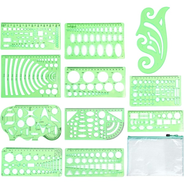 11 st geometriska ritmallar mätlinjaler plastmätmallar plastgeometristenciler med förvaringsväska för kontor och skola