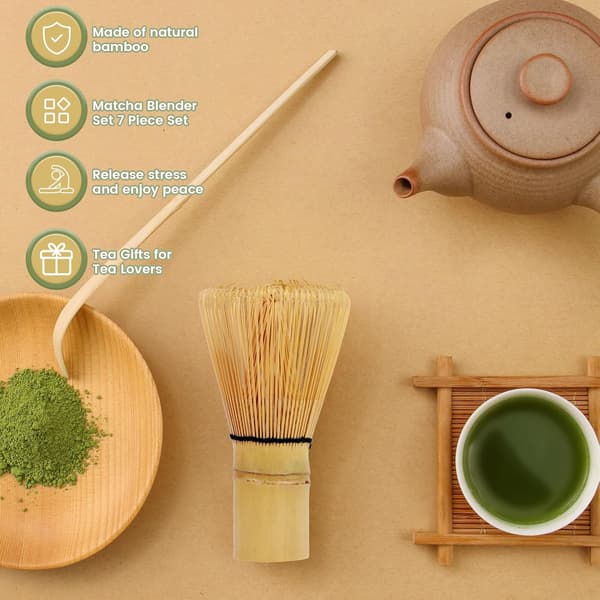 Matcha startpaket med bambuvisp, sil, sked, skål och återanvändbara handdukar – elegant presentförpackning för beredning av grönt te