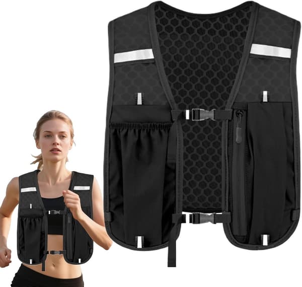 Lightweight Running Vest with Hydration Bladder and Phone Holder, Reflective, Black