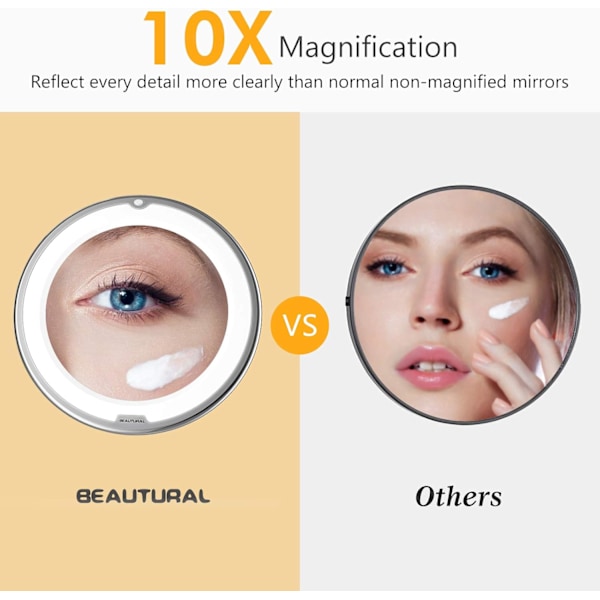 Makeup spejl, 10x forstørrelse, belyst makeup spejl dagslys hvid LED