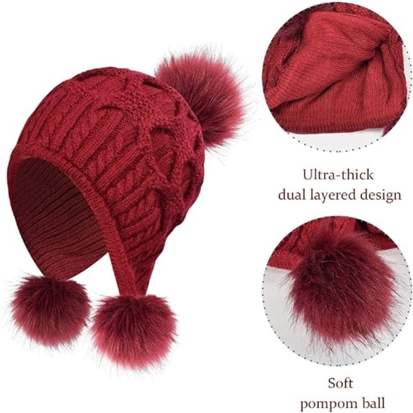 Strikhue til kvinder, varm vinterhue med pompon-bobble-hat-stil med vindbeskyttende øreklapper (rød)