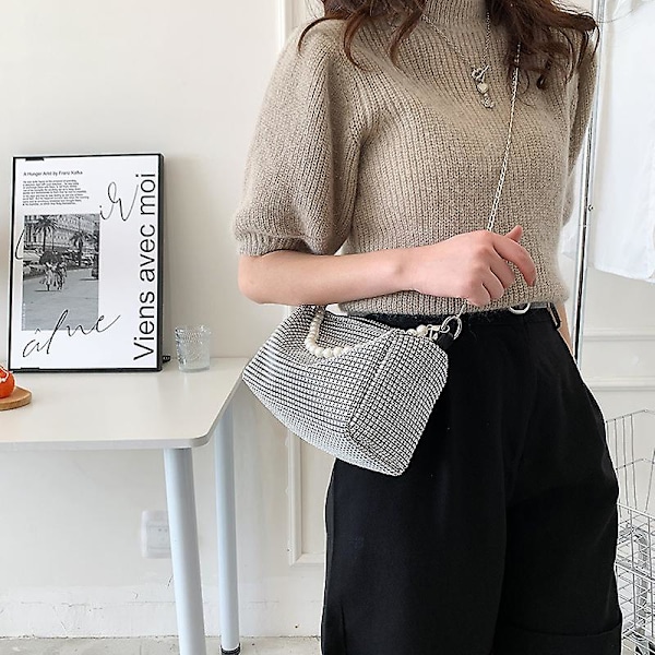Kimaltava strassi olkalaukku iltakäyttöön, naisten ylellinen kiiltävä käsilaukku crossbody-laukku, 1 kpl - hopea