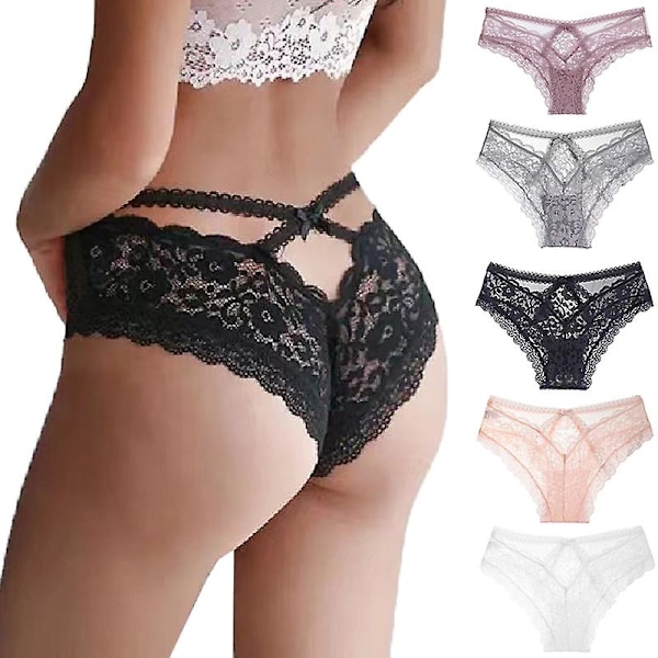 Women's Lace Thong Panties 2 Pcs T-Back Low Waist Transparent Panties Black