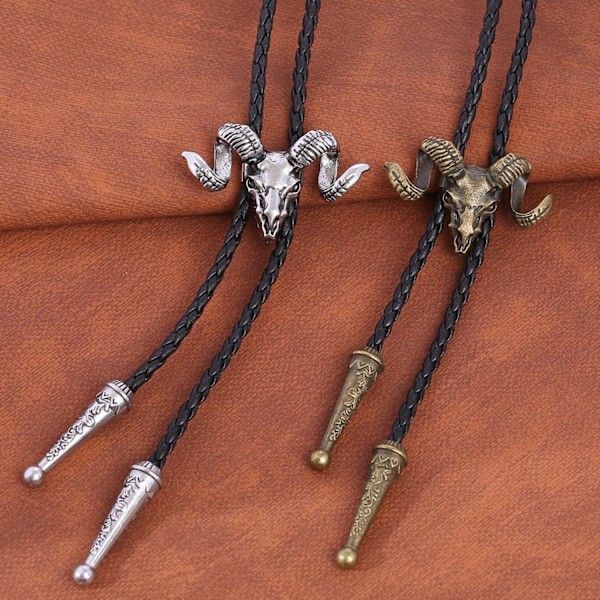 Vintage Bolo -solmio miehille - Lehmän pääkallo -design Cowboy-solmio - Musta nahkainen Bolo-kaulakoru