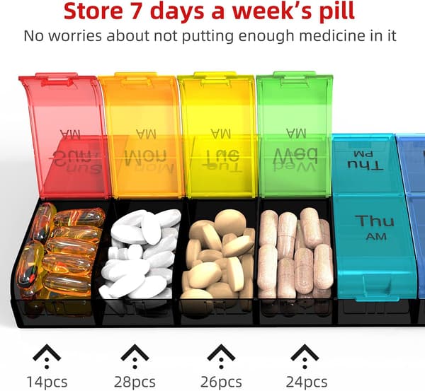 Extra Large Pill Organizer 2 Times A Day, Weekly XL AM PM Pill Case, 7 Day Pill Box Twice A Day (Rainbow)