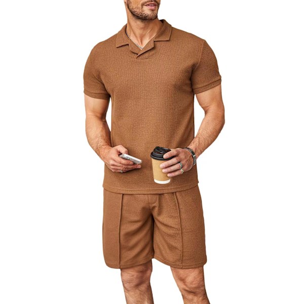 Miesten vohvelineulospoolopaita ja shortsit, 2-osainen asu, kesäpuku ruskea{ee} Brown XL