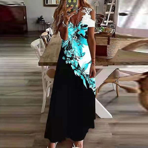 Women Casual High Waist Maxi Dresses Ladies Party Loose Short Sleeve M Positioning Blue Floral