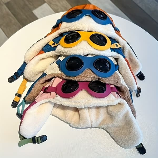 Vintermössa med skyddsglasögon - Tjockt foder, Öronlapps-bombermössa för skidåkning & cykling, Vindtät & Varm Blue (hat Circumference 56-59cm)