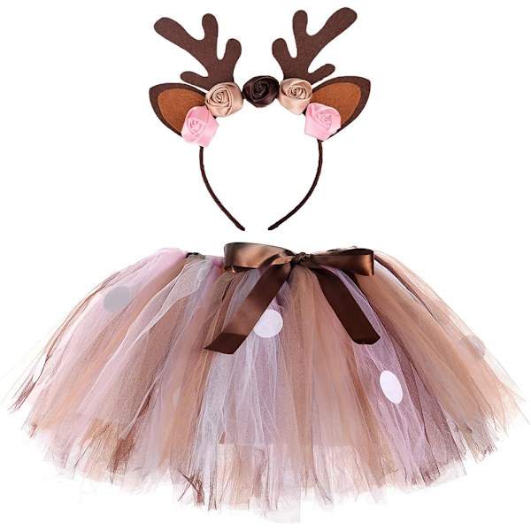 Rensdyr Børnekostume, Rensdyr Horn Hårbøjle med Tutu Nederdel, Børn Piger Dyr Cosplay Halloween Julekostume Maskerade Karneval (L)