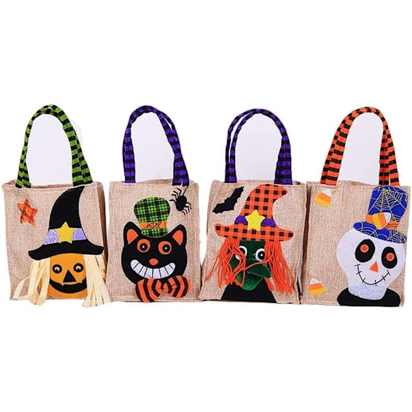 4 kpl Halloween-kassinauhoja, uudelleenkäytettäviä, kahvalla, suuri kapasiteetti, karkkipussi, Halloween-temppu tai herkku -kurpitsa