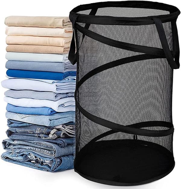 Foldbar Vasketøjskurv 36x58cm Mesh Bred Åbning Åndbar Robust Sammenklappelig Med Håndtag Sort