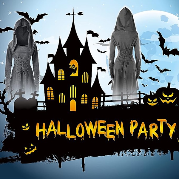 Gotisk klänning för kvinnor, medeltida kläder, Halloweenkostym, renässansklänning med huva för Halloweenkarneval